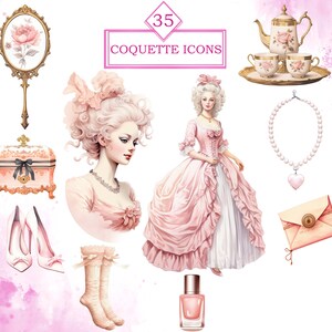 May include: A set of 35 digital illustrations featuring a whimsical, vintage theme. The illustrations include a woman in a pink dress, a tea set, a jewelry necklace, a mirror, a jewelry box, a pair of shoes, a pair of socks, a bottle of nail polish, and a letter.