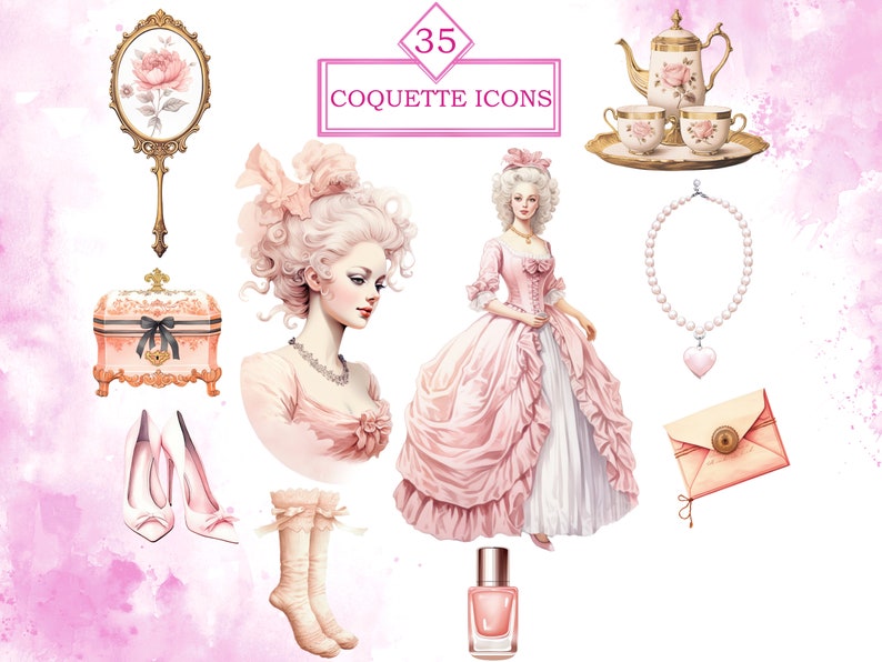 May include: A set of 35 digital illustrations featuring a whimsical, vintage theme. The illustrations include a woman in a pink dress, a tea set, a jewelry necklace, a mirror, a jewelry box, a pair of shoes, a pair of socks, a bottle of nail polish, and a letter.