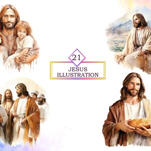 May include: A collection of 21 watercolor illustrations depicting Jesus in various scenes. The illustrations feature Jesus with his disciples, holding a loaf of bread, and with children. The illustrations are painted in warm tones and have a soft, ethereal quality.
