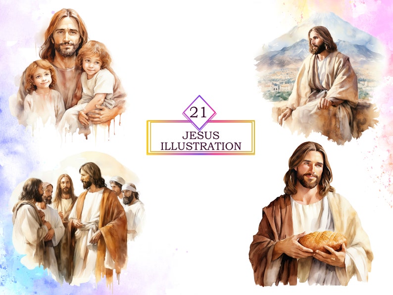 May include: A collection of 21 watercolor illustrations depicting Jesus in various scenes. The illustrations feature Jesus with his disciples, holding a loaf of bread, and with children. The illustrations are painted in warm tones and have a soft, ethereal quality.