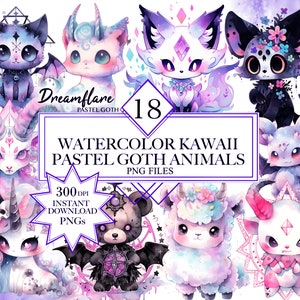 Watercolor Pastel Goth Animals PNG Bundle, Kawaii Pastel Goth Clipart, Creepy Cute Clipart, Fantasy Clipart, Creepy Cute Pastel Goth PNG