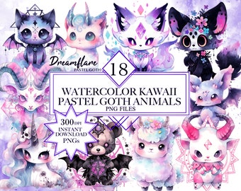 Watercolor Pastel Goth Animals PNG Bundle, Kawaii Pastel Goth Clipart, Creepy Cute Clipart, Fantasy Clipart, Creepy Cute Pastel Goth PNG