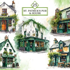 Pu&ograve; includere: Dipinto ad acquerello di quattro edifici verdi con finiture bianche. Ogni edificio ha un cartello sopra la porta che dice "St. Patrick's Pub & House".