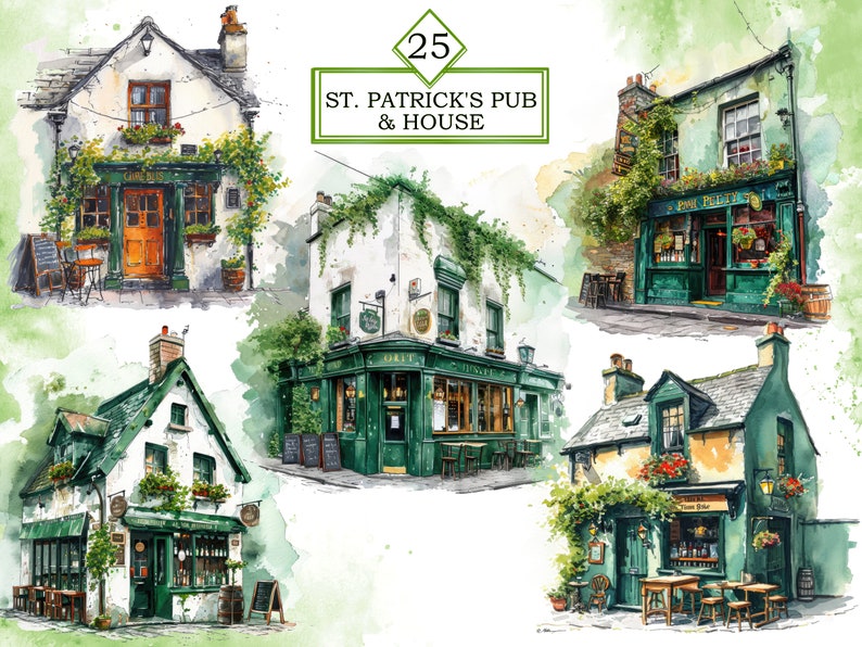 Pu&ograve; includere: Dipinto ad acquerello di quattro edifici verdi con finiture bianche. Ogni edificio ha un cartello sopra la porta che dice "St. Patrick's Pub & House".