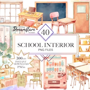 Watercolor School PNG Clipart, School Interior Clipart, Back To School, Classroom Clipart, Scrapbooking, Digital Download, Commercial Use