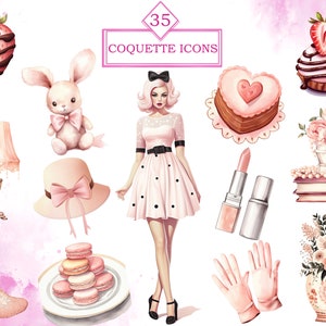 May include: A set of 35 digital illustrations in a pink and white color scheme. The illustrations include a woman in a pink polka dot dress, a heart-shaped cookie, a cupcake with a strawberry on top, a lamp, a bunny, a hat, a pair of gloves, a pair of lipsticks, a vase of flowers, a stack of books, a pair of macarons, and a pair of stockings.