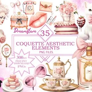 May include: A set of 35 digital illustrations in a pink and white color scheme with a vintage aesthetic. The illustrations include a woman in a pink dress, a cat, a teapot, a perfume bottle, a mirror, macarons, sunglasses, a book, a lipstick, a phone, a jewelry box, a flower arrangement, and a letter. The text "Dreamflare 35 Coquette Aesthetic Elements PNG Files 300 DPI Instant Download PNGs" is included in the image.