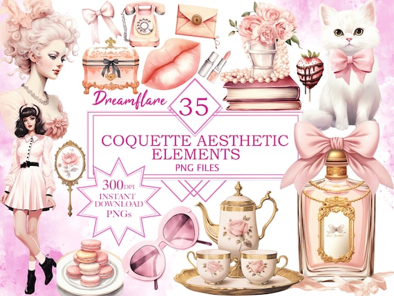 Coquette Aesthetic Clipart PNG, Pink Clipart, Pink Watercolor, Feminine Clipart, Scrapbooking, Digital Printable File, Commercial Use