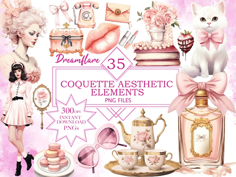 May include: A set of 35 digital illustrations in a pink and white color scheme with a vintage aesthetic. The illustrations include a woman in a pink dress, a cat, a teapot, a perfume bottle, a mirror, macarons, sunglasses, a book, a lipstick, a phone, a jewelry box, a flower arrangement, and a letter. The text "Dreamflare 35 Coquette Aesthetic Elements PNG Files 300 DPI Instant Download PNGs" is included in the image.