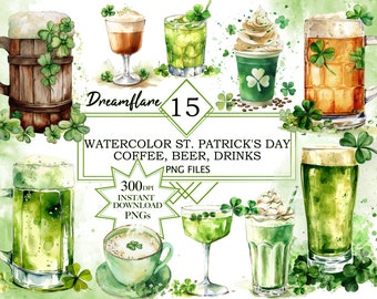 Watercolor St. Patrick's Day Coffee Beer Drinks Bundle Clipart, St. Patrick's Day Clipart, Irish PNG, Coffee PNG, Beer PNG, Commercial Use