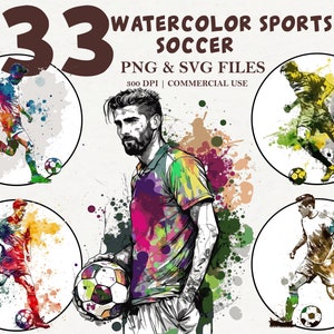 水彩サッカークリップアートセット、水彩スポーツ、水彩昇華、サッカー選手SVG、女子サッカー、男子サッカー、デジタルダウンロード