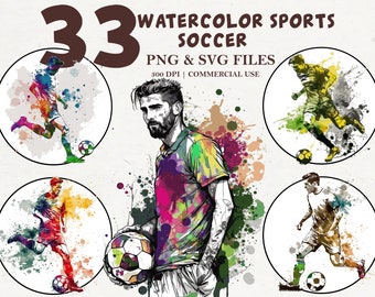 Watercolor Soccer Clipart Set, Watercolor Sports, Watercolor Sublimation, Soccer Player SVG, Women Soccer, Men Soccer, Digital Download