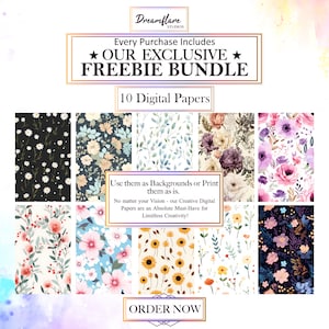 Puede incluir: Un paquete de papel digital con 10 patrones florales. Los patrones presentan varias flores, incluyendo margaritas, rosas y girasoles, en tonos de rosa, morado, amarillo y blanco. El texto "Every Purchase Includes ★ OUR EXCLUSIVE ★ FREEBIE BUNDLE 10 Digital Papers" se muestra en la parte superior de la imagen.