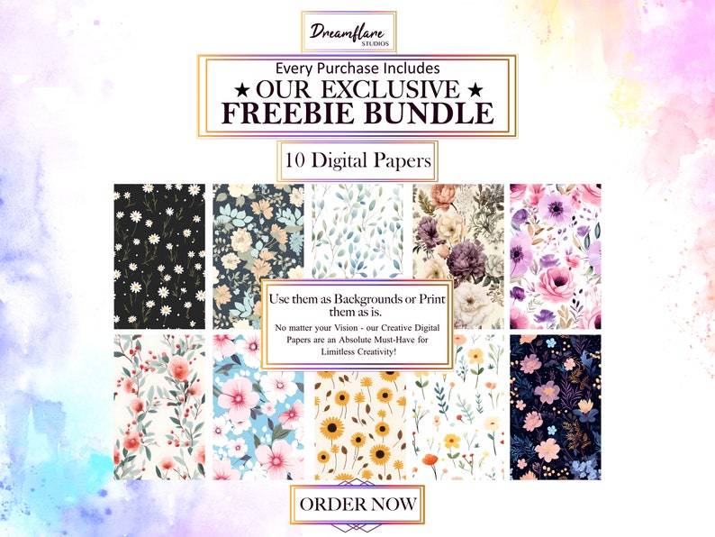 Puede incluir: Un paquete de papel digital con 10 patrones florales. Los patrones presentan varias flores, incluyendo margaritas, rosas y girasoles, en tonos de rosa, morado, amarillo y blanco. El texto "Every Purchase Includes ★ OUR EXCLUSIVE ★ FREEBIE BUNDLE 10 Digital Papers" se muestra en la parte superior de la imagen.