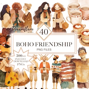 Boho Friendship Day PNG Clipart Bundle, Friends Clipart, Besties Clipart, Coffee PNG, Scrapbooking, Digital Printable File, Commercial Use