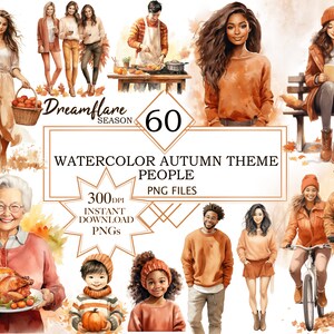 Könnte beinhalten: Aquarell-Illustration von 60 Personen in Herbstkleidung. Die Illustration zeigt eine Vielzahl von Personen, darunter Paare, Familien und Einzelpersonen. Die Personen tragen alle warme Herbstfarben wie Braun, Orange und Rot. Die Illustration ist vor einem Hintergrund aus Herbstlaub und Bäumen platziert.