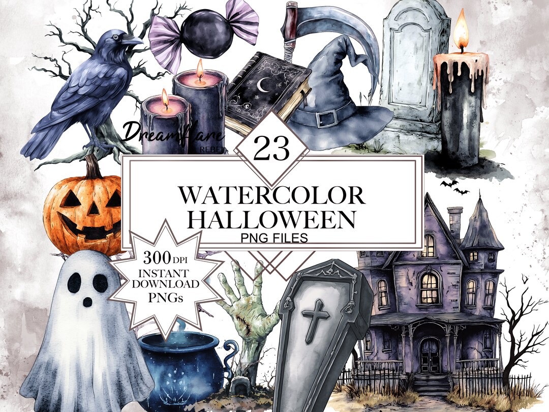 Watercolor Halloween PNG Clipart Bundle, Gothic Halloween PNG, Spooky ...