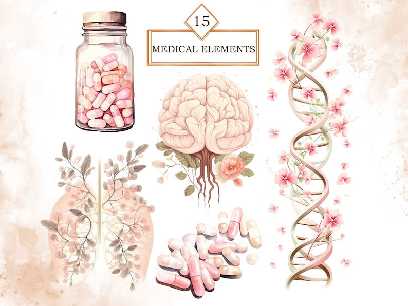 May include: 15 Medical Elements watercolour illustration set featuring a brain, lungs, DNA, and pills in a glass jar. The illustrations are in a soft pink and brown colour palette with floral accents.
