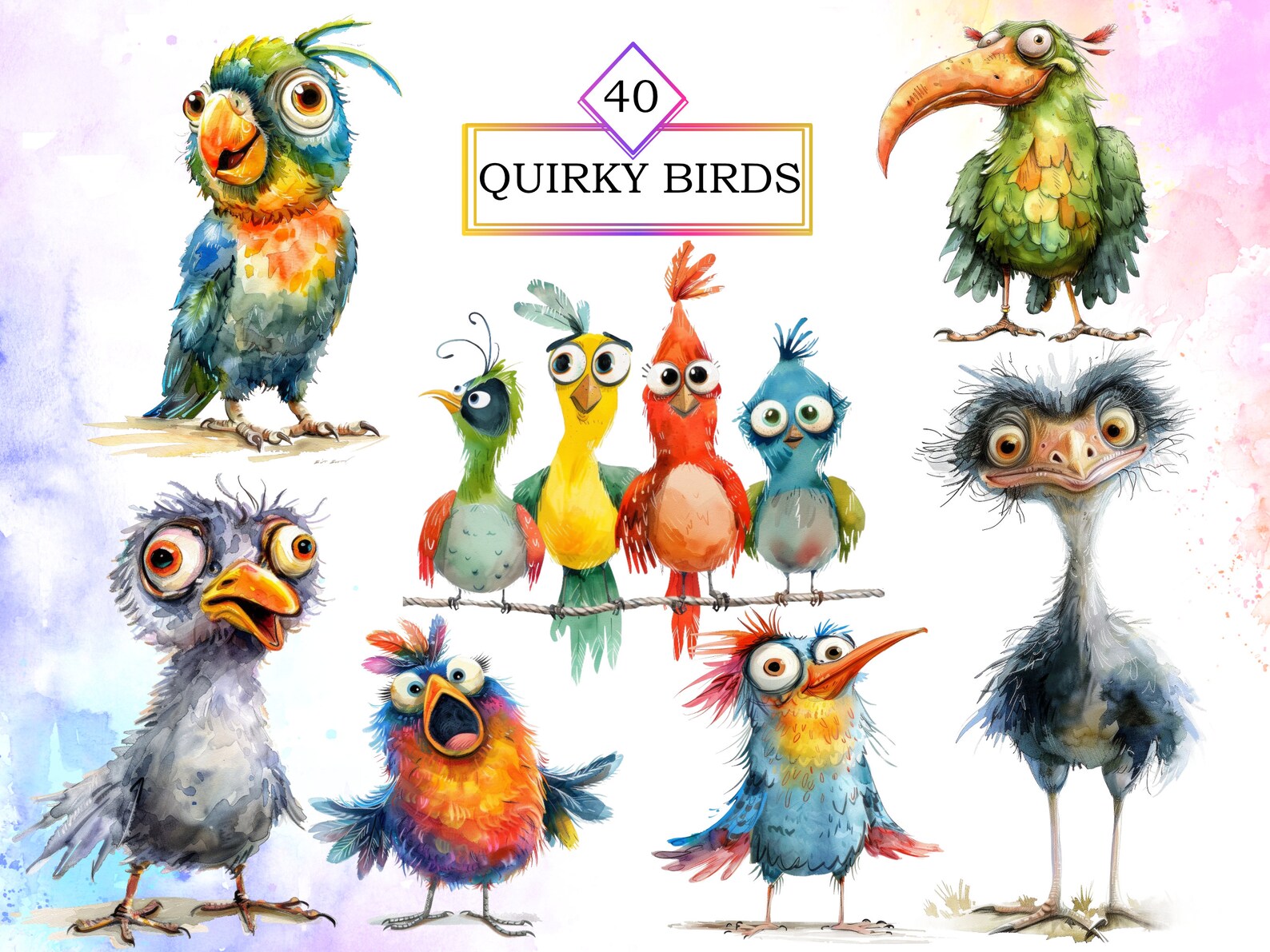 40 Funny Quirky Bird Clipart PNG Bundle Illustrations, Whimsical Birds ...