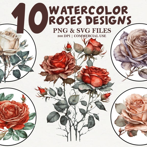 Watercolor Roses Clipart Bundle, PNG & SVG, Red Roses SVGs, Bouquets Clipart, White Rose, Watercolor Flowers Designs, Digital Download Files