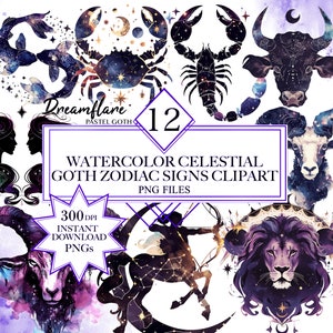 Akwarela gotyckie znaki zodiaku clipartów, horoskop clipart, niebiańskie cliparty, znaki zodiaku PNG, plik cyfrowy, użytek komercyjny