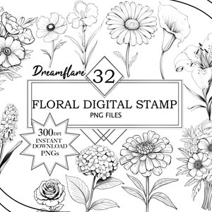 Floral Digital Stamp, Flower Digital Stamp, Digi Stamp, Digital Stamp, Scrapbooking, Coloring, Card-making, Printable File, Commercial Use