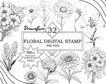 Floral digitale stempel, bloem digitale stempel, Digi stempel, digitale stempel, scrapbooking, kleuren, kaarten maken, afdrukbaar bestand, commercieel gebruik