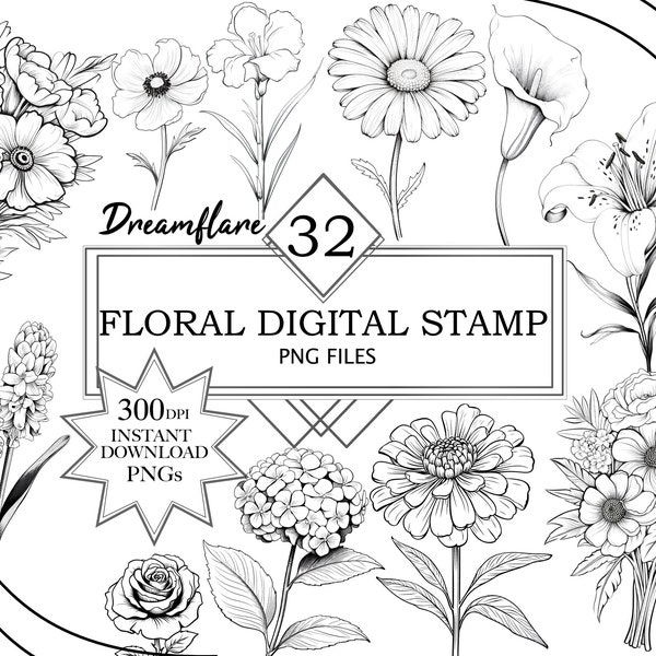 Floral digitale stempel, bloem digitale stempel, Digi stempel, digitale stempel, scrapbooking, kleuren, kaarten maken, afdrukbaar bestand, commercieel gebruik