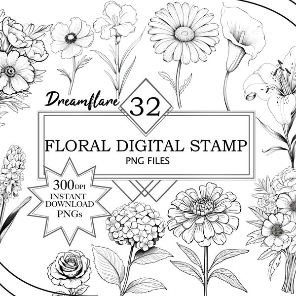 Floral Digital Stamp, Flower Digital Stamp, Digi Stamp, Digital Stamp, Scrapbooking, Coloring, Card-making, Printable File, Commercial Use