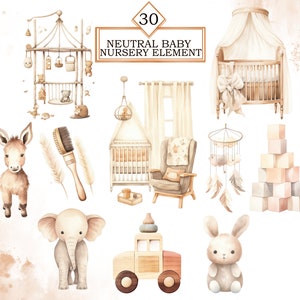 May include: A set of 30 neutral baby nursery elements, including a cot, a rocking chair, a mobile, a toy car, a stuffed bunny, a stuffed elephant, a donkey, a brush, a wooden block tower, and a cot mobile. The elements are all in a watercolour style and are perfect for creating a nursery decor.