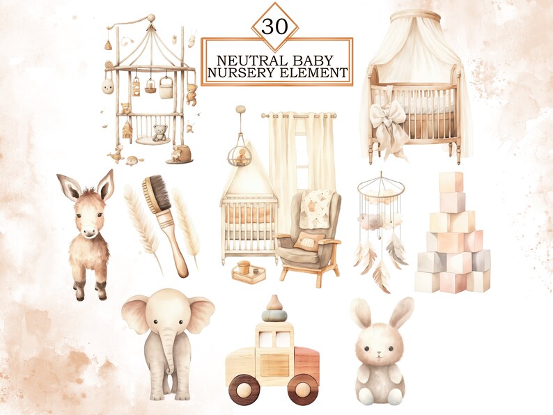 May include: A set of 30 neutral baby nursery elements, including a cot, a rocking chair, a mobile, a toy car, a stuffed bunny, a stuffed elephant, a donkey, a brush, a wooden block tower, and a cot mobile. The elements are all in a watercolour style and are perfect for creating a nursery decor.