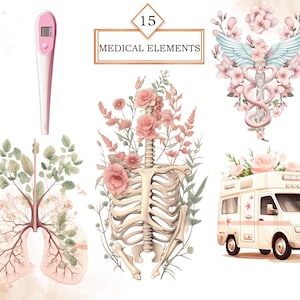 May include: A set of 15 medical illustrations featuring a digital thermometer, a skeleton with pink flowers, a pair of lungs with green leaves, a caduceus with pink flowers, and an ambulance with pink flowers.