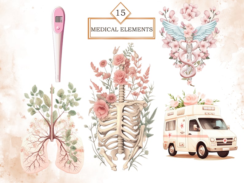 May include: A set of 15 medical illustrations featuring a digital thermometer, a skeleton with pink flowers, a pair of lungs with green leaves, a caduceus with pink flowers, and an ambulance with pink flowers.