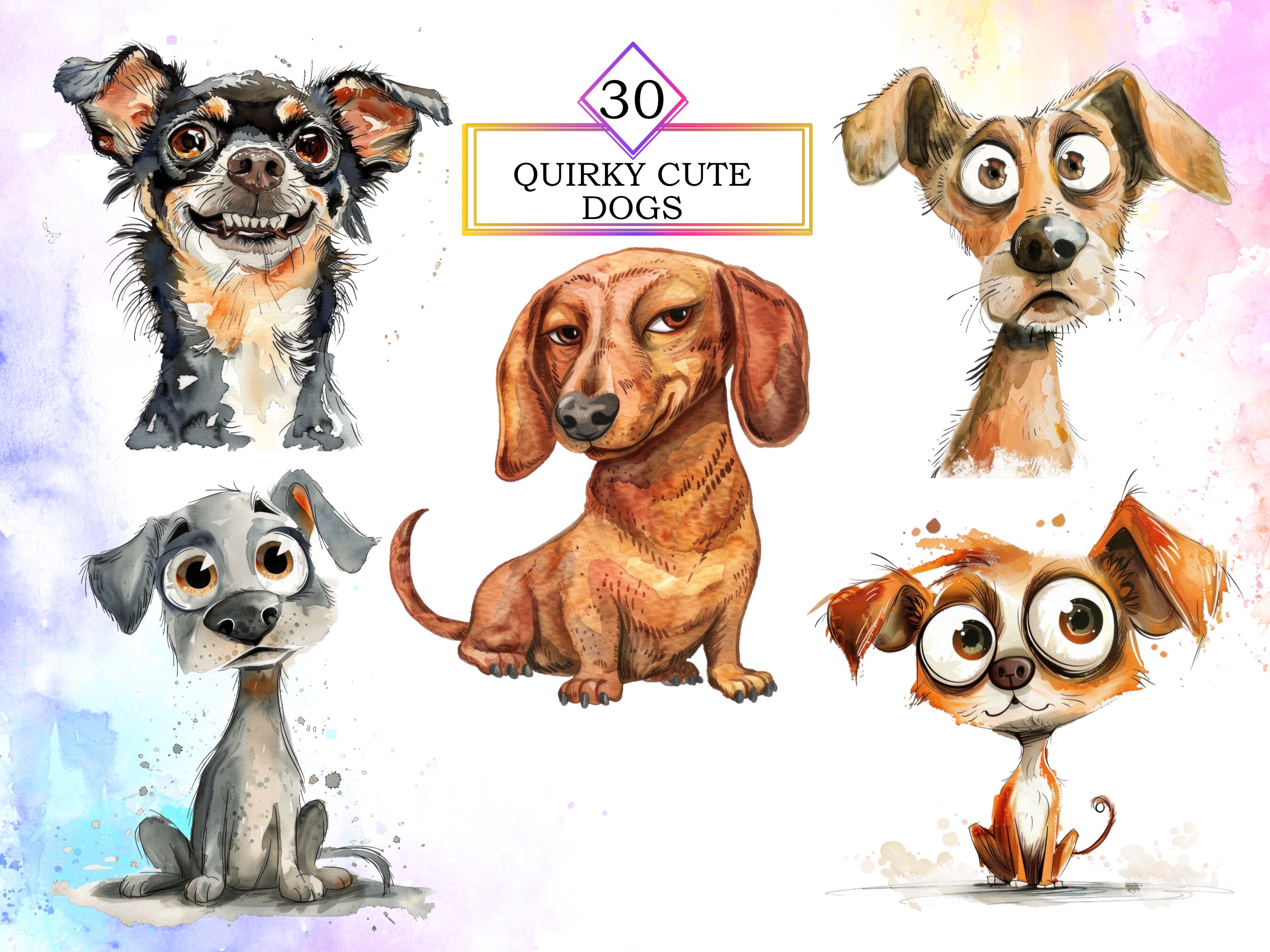 30 Watercolor Cute Funny Dog Clipart Bundle, Quirky Puppies PNG, Angry ...