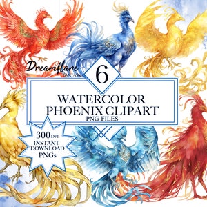 Könnte beinhalten: Sechs Aquarell-Illustrationen von Phönixen in verschiedenen Farben, darunter Rot, Gelb, Blau und Gold. Die Phönixe sind mit aufwendigen Details dargestellt und vor einem hellblauen Aquarellhintergrund platziert. Der Text "Dreamflare Fantasia" und "6 Watercolor Phoenix Clipart" ist auf dem Bild sichtbar. Der Text "300 DPI Instant Download PNGs" ist ebenfalls sichtbar.