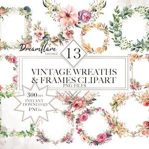 Könnte beinhalten: Ein Set mit 13 Vintage-Blumenkränzen und Rahmen-Clipart im Aquarell-Stil. Die Rahmen sind in verschiedenen Formen und Größen, einige mit einem zarten Blumendesign. Der Clipart ist perfekt, um Ihren Projekten einen Hauch von Vintage-Charme zu verleihen.