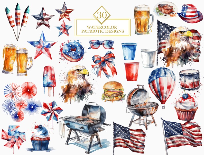 Watercolor Patriotic Clipart Bundle, 4th of July Clipart, PNG SVG ...