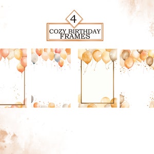 Pu&ograve; includere: Quattro cornici ad acquerello con un bordo di palloncini in tonalit&agrave; di marrone, arancione e beige. Il testo "Cozy Birthday Frames" &egrave; in alto nell'immagine.