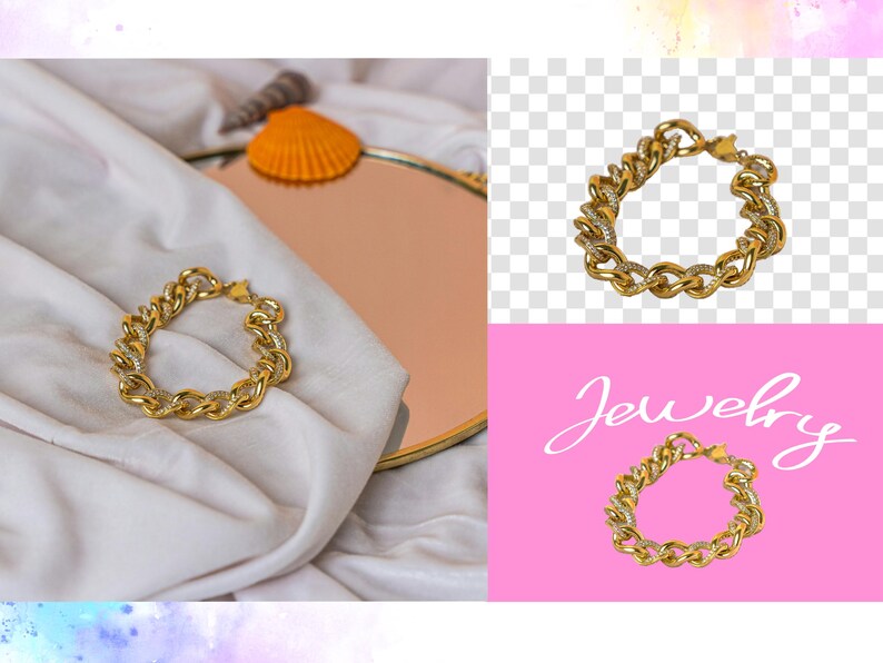 Puede incluir: Un brazalete de cadena dorada con peque&ntilde;as piedras transparentes. El brazalete est&aacute; sobre un fondo de tela blanca.