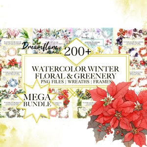 Acquerello inverno floreale e verde Clipart Mega Bundle, piante PNG, disegno di cartolina di Natale, ghirlanda PNG, download digitale, uso commerciale