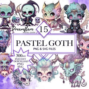 Creepy Cute Pastel Goth PNG SVG Clipart, Gothic Digital, Vector Graphics, Kawaii Anime SVG, Cute Gothic Horror Bundle, Spooky Art