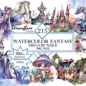 Könnte beinhalten: Ein Aquarell-Illustrationsset mit 215 Fantasy-Elementen, darunter eine Fee, ein Drache, eine Katze, ein Schloss, ein Pilz, eine Truhe, ein Haus und ein Zauberer. Das Set enthält 300 DPI PNG-Dateien zum sofortigen Download.