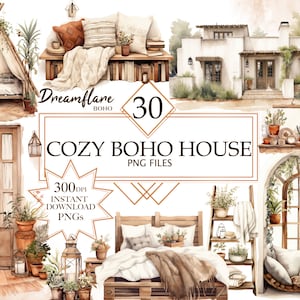 Watercolor Boho Cozy House PNG Clipart, Boho Clipart, Rustic Cozy House PNG, Rustic Cozy Boho PNG, Printable Digital File, Commercial Use