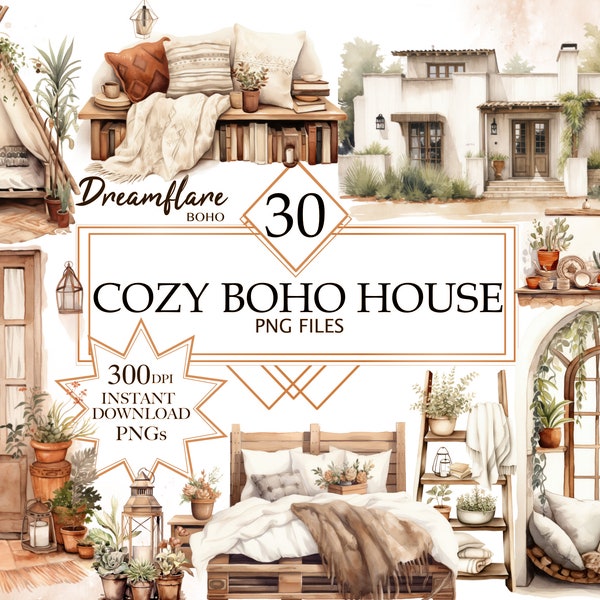 Watercolor Boho Cozy House PNG Clipart, Boho Clipart, Rustic Cozy House PNG, Rustic Cozy Boho PNG, Printable Digital File, Commercial Use