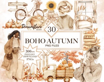 Watercolor Boho Autumn Clipart Bundle, Boho Fall PNG, Autumn PNG, Cozy Fall Clipart, Journal, Scrapbooking, Digital Download, Commercial Use