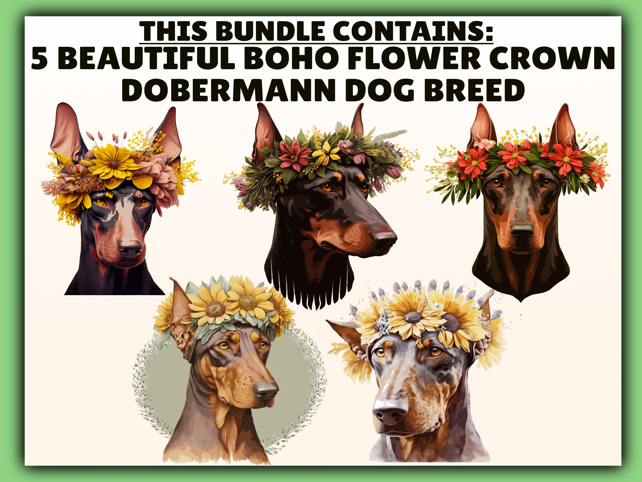 5 Floral Dobermann Portraits PNG & SVG Boho Flower Crown Dog Etsy
