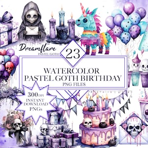 Aquarel Pastel Goth verjaardag clipart bundel, verjaardag PNGs, griezelige en schattige clipart, gotische clipart, griezelige leuke verjaardag clipart