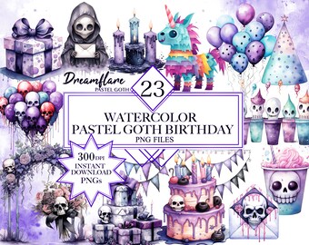 Watercolor Pastel Goth Birthday Clipart Bundle, Birthday PNGs, Spooky And Cute Clipart, Gothic Clipart, Creepy Cute Birthday Clipart