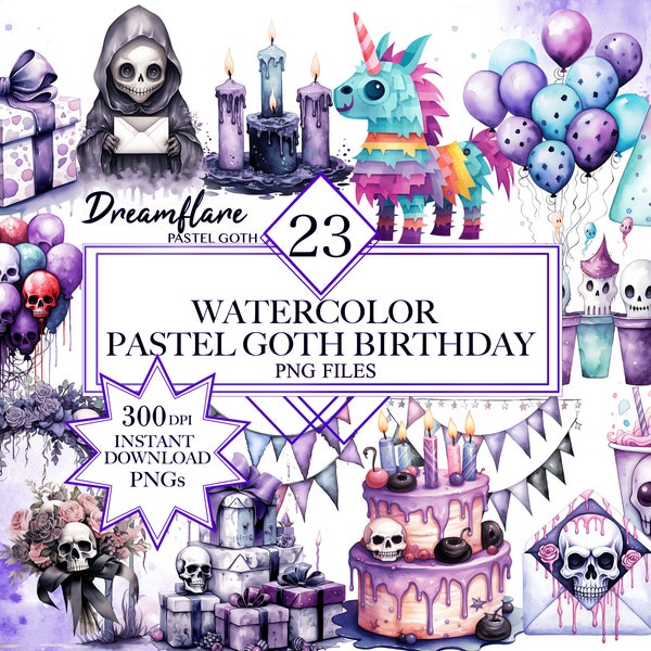 Watercolor Pastel Goth Birthday Clipart Bundle, Birthday PNGs, Spooky And Cute Clipart, Gothic Clipart, Creepy Cute Birthday Clipart