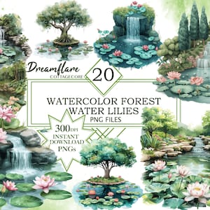 Watercolor Forest Water Lilies Clipart PNG Bundle, Water Lilies PNG, Forest PNG, Lily Pond Clipart, Digital Download File, Commercial Use